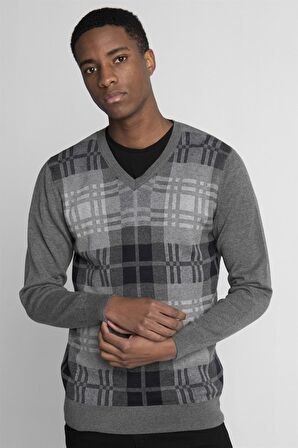 Slim Fit V Yaka Kareli Erkek Kazak - TUDORS