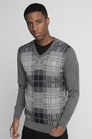 Slim Fit V Yaka Kareli Erkek Kazak - TUDORS