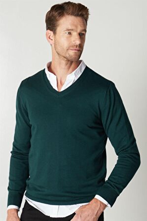 Tudors Slim Fit Dar Kesim V Yaka Pamuklu Erkek Kazak