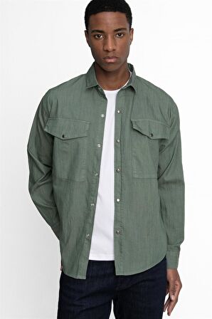 Tudors Relax Fit Rahat Kalıp Denim Parça Boyalı Çift Cep Kapaklı Çıtçıtlı Erkek Gömlek