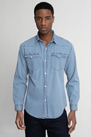 Tudors Slim Fit Çift Cep Kapaklı Parça Dikişli Denim Erkek Mavi Gömlek