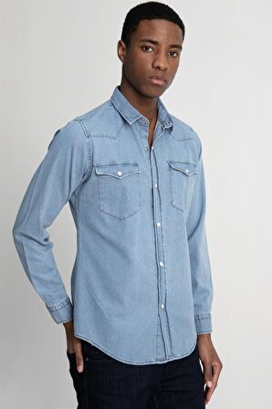Tudors Slim Fit Çift Cep Kapaklı Parça Dikişli Denim Erkek Mavi Gömlek