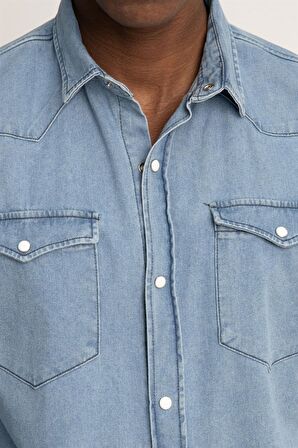 Tudors Slim Fit Çift Cep Kapaklı Parça Dikişli Denim Erkek Mavi Gömlek