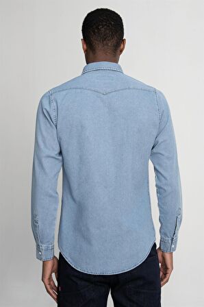 Tudors Slim Fit Çift Cep Kapaklı Parça Dikişli Denim Erkek Mavi Gömlek