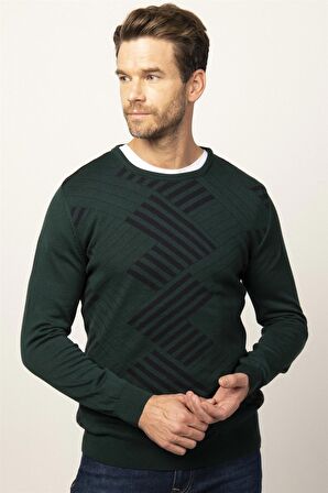 Tudors Slim Fit Dar Kesim Bisiklet Yaka Desenli Erkek Kazak