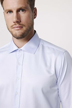 Modern Slim Fit Düz Saten Pamuklu Erkek Mavi Gömlek