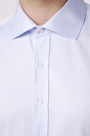 Modern Slim Fit Düz Saten Pamuklu Erkek Mavi Gömlek
