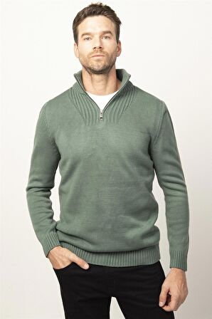 Tudors Slim Fit Dar Kesim Dik Yaka Fermuarlı Erkek Kazak