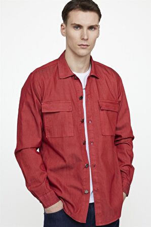 Tudors Slim Fit Denim Çift Cep Kapaklı Metal Düğme Erkek Kırmızı Gömlek