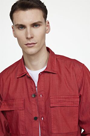 Tudors Slim Fit Denim Çift Cep Kapaklı Metal Düğme Erkek Kırmızı Gömlek