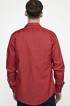 Tudors Slim Fit Denim Çift Cep Kapaklı Metal Düğme Erkek Kırmızı Gömlek