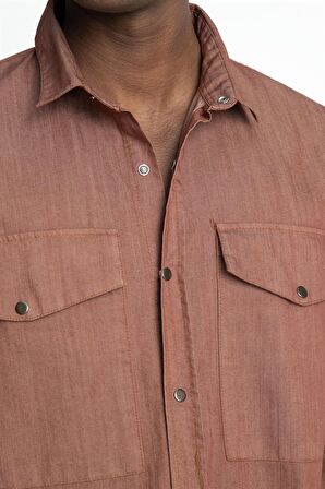 Tudors Relax Fit Rahat Kalıp Denim Parça Boyalı Çift Cep Kapaklı Çıtçıtlı Erkek Gömlek