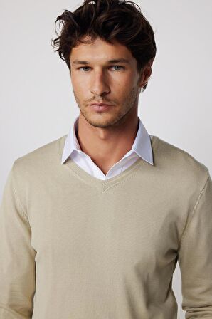 Slim Fit V Yaka Pamuklu Taş Rengi Erkek Kazak