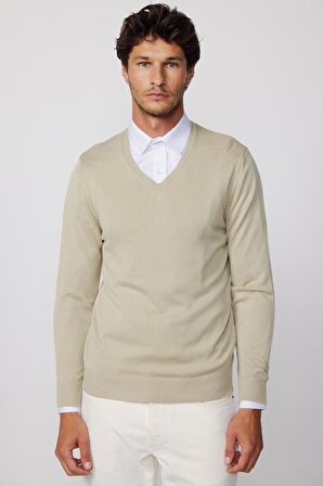 Slim Fit V Yaka Pamuklu Taş Rengi Erkek Kazak