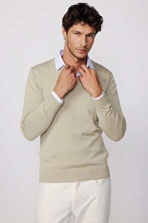Slim Fit V Yaka Pamuklu Taş Rengi Erkek Kazak