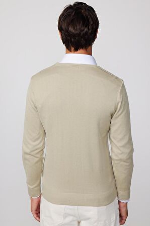 Slim Fit V Yaka Pamuklu Taş Rengi Erkek Kazak