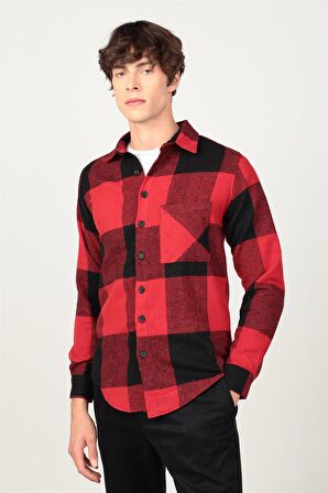 Tudors Slım Fıt Kışlık Oduncu Dama Desen Tek Cepli Erkek Gömlek