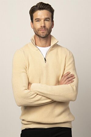 Tudors Slim Fit Dar Kesim Dik Yaka Fermuarlı Erkek Kazak