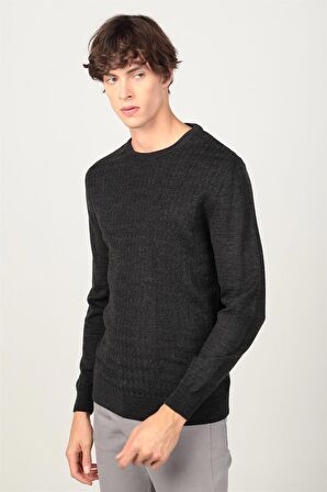 Tudors Slim Fit Dar Kesim Bisiklet Yaka Kendinden Desenli Erkek Kazak
