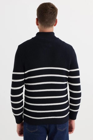 Erkek Slim Fit Fermuarlı Dik Yaka Çizgili Pamuklu Triko Kazak