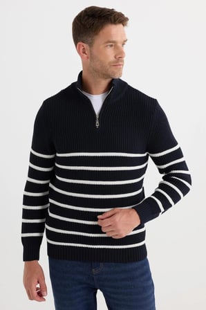 Erkek Slim Fit Fermuarlı Dik Yaka Çizgili Pamuklu Triko Kazak