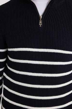 Erkek Slim Fit Fermuarlı Dik Yaka Çizgili Pamuklu Triko Kazak
