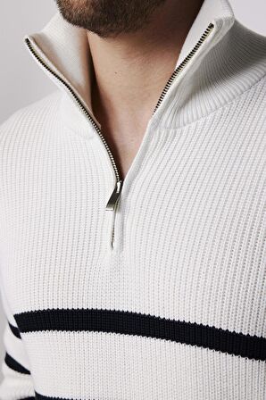 Erkek Slim Fit Fermuarlı Dik Yaka Çizgili Pamuklu  Kazak