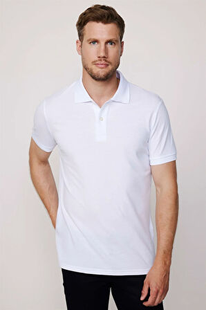 Erkek Slim Fit Dar Kesim %100 Pamuk Düz Pike Beyaz Polo Yaka Tişört