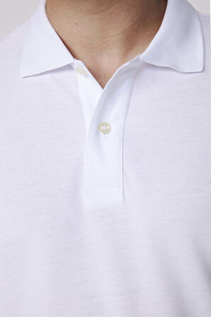 Erkek Slim Fit Dar Kesim %100 Pamuk Düz Pike Beyaz Polo Yaka Tişört