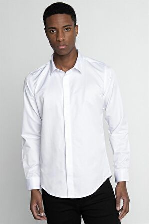 Tudors Slim Fit Uzun Kol Gizli Pat Sırtı Körüklü Düz Erkek Gömlek