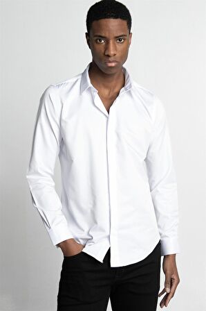 Tudors Slim Fit Uzun Kol Gizli Pat Sırtı Körüklü Düz Erkek Gömlek