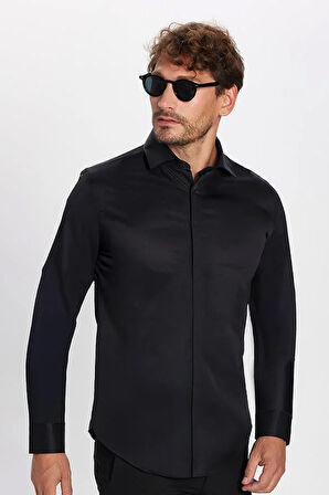Slim Fit Uzun Kollu Gizli Pat Sırtı Körüklü Düz Siyah Erkek Gömlek