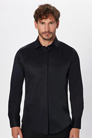 Slim Fit Uzun Kollu Gizli Pat Sırtı Körüklü Düz Siyah Erkek Gömlek