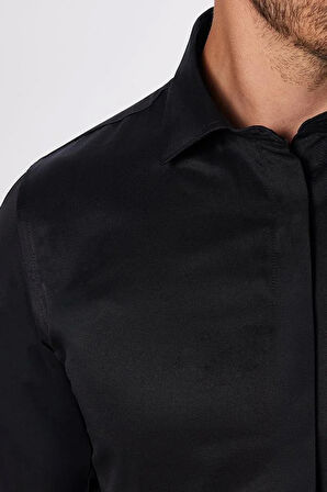Slim Fit Uzun Kollu Gizli Pat Sırtı Körüklü Düz Siyah Erkek Gömlek
