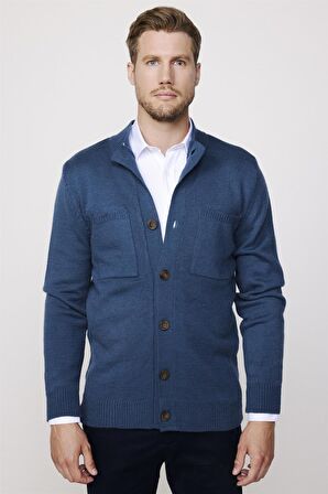 Erkek Slim Fit Dik Yaka Düğmeli Çift Cepli Petrol Yeşili Hırka