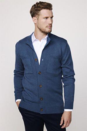 Erkek Slim Fit Dik Yaka Düğmeli Çift Cepli Petrol Yeşili Hırka