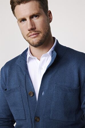 Erkek Slim Fit Dik Yaka Düğmeli Çift Cepli Petrol Yeşili Hırka