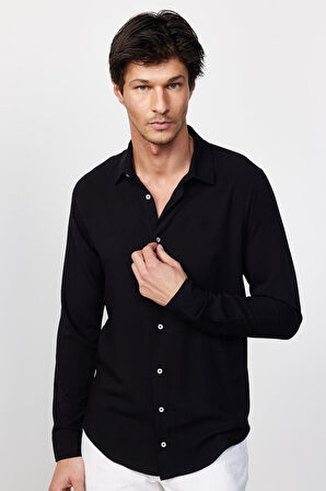 Slim Fit Uzun Kollu Dar Kesim Dökümlü Viskon Şık Erkek Siyah Gömlek