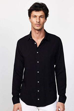 Slim Fit Uzun Kollu Dar Kesim Dökümlü Viskon Şık Erkek Siyah Gömlek