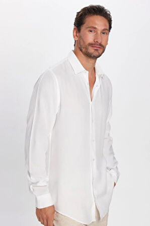Slim Fit Uzun Kollu Dar Kesim Dökümlü Viskon Şık Erkek Beyaz Gömlek
