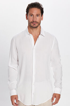 Slim Fit Uzun Kollu Dar Kesim Dökümlü Viskon Şık Erkek Beyaz Gömlek