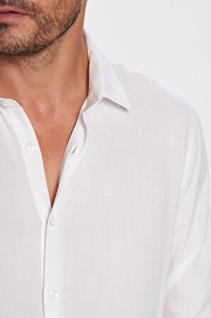 Slim Fit Uzun Kollu Dar Kesim Dökümlü Viskon Şık Erkek Beyaz Gömlek