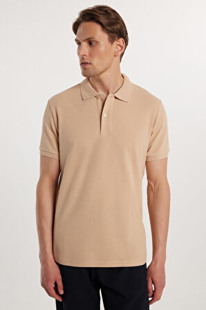 Erkek Slim Fit Dar Kesim %100 Pamuk Düz Pike Taş Renk Polo Yaka Tişört