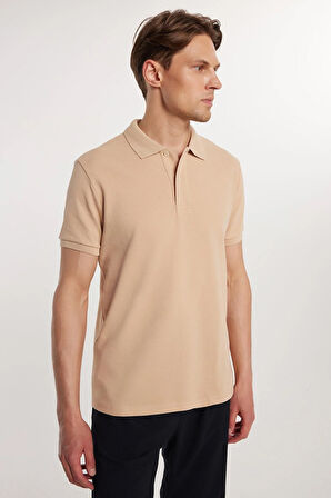 Erkek Slim Fit Dar Kesim %100 Pamuk Düz Pike Taş Renk Polo Yaka Tişört