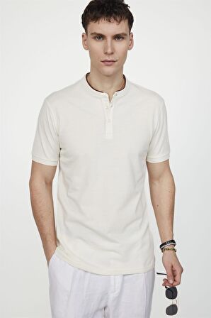 Tudors Erkek Slim Fit Hakim Yaka Pike Pamuk Ekru Tişört