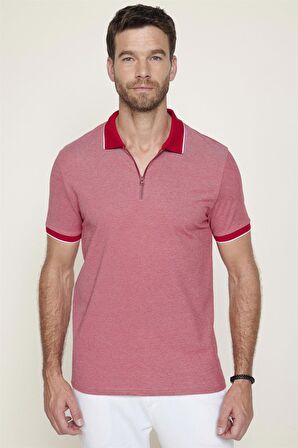Erkek Slim Fit Fermuarlı Polo Yaka Pike Pamuklu Kırmızı Tişört