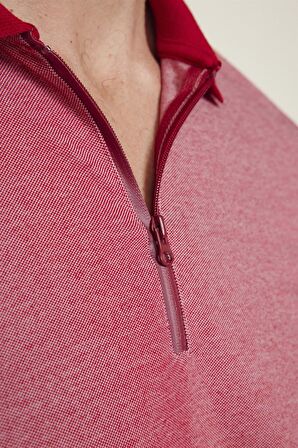Erkek Slim Fit Fermuarlı Polo Yaka Pike Pamuklu Kırmızı Tişört