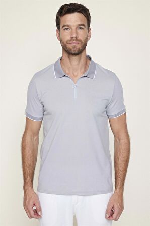 Erkek Slim Fit Fermuarlı Polo Yaka Pike Pamuklu Gri Tişört