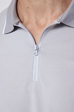 Erkek Slim Fit Fermuarlı Polo Yaka Pike Pamuklu Gri Tişört
