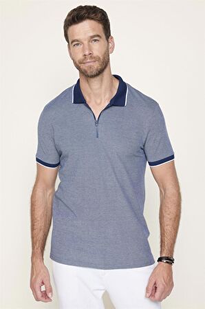Erkek Slim Fit Fermuarlı Polo Yaka Pike Pamuklu Lacivert Tişört